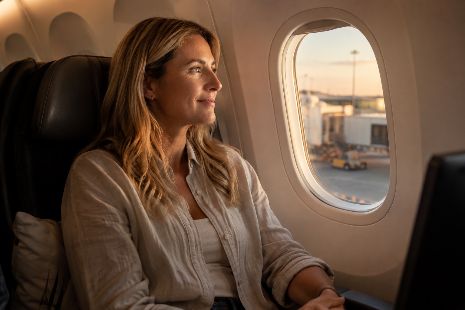 Australian traveller looking out of an aircraft window at sunset