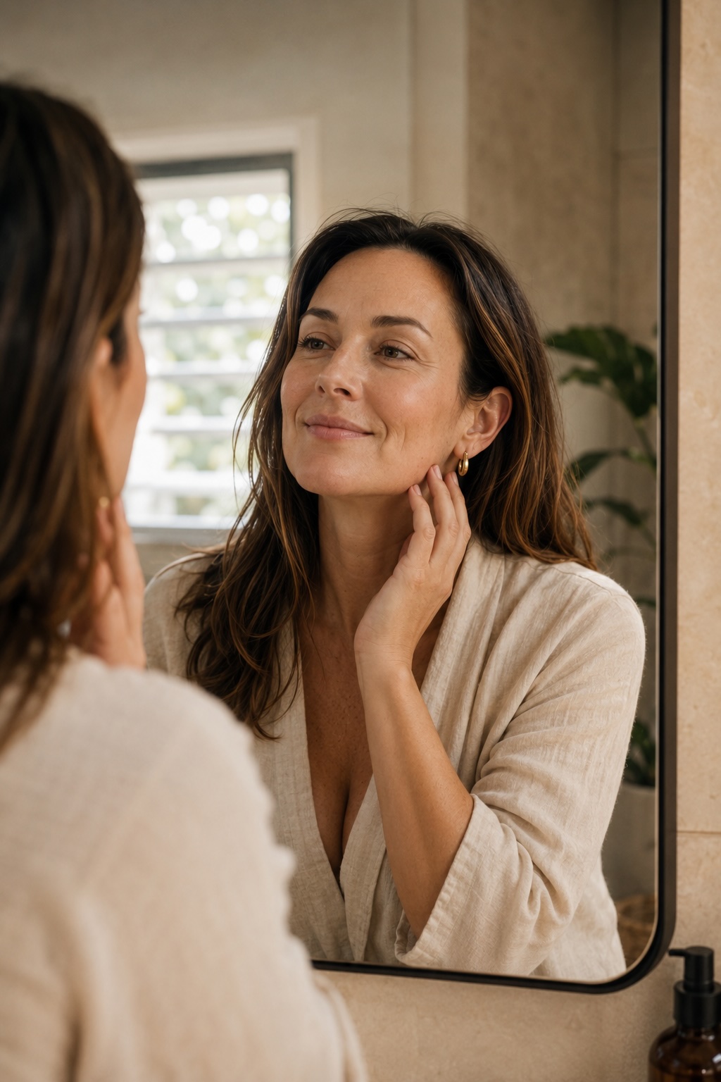 Australian woman looking at her reflection in a bathroom mirror