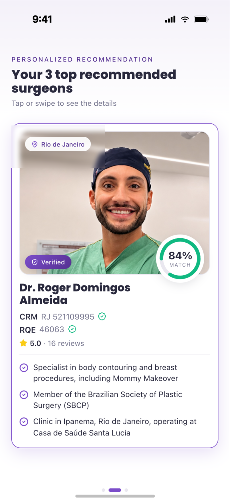 Matched surgeon recommendation card in the Nuviya app