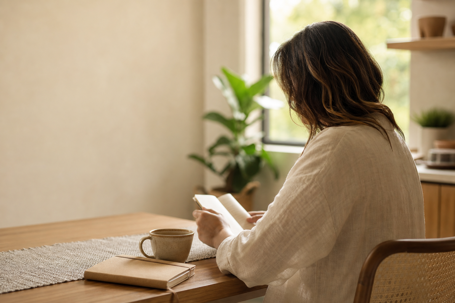 Mulher brasileira adulta lendo anotações em caderno sobre mesa de madeira, com luz natural da manhã e xícara de café ao lado.
