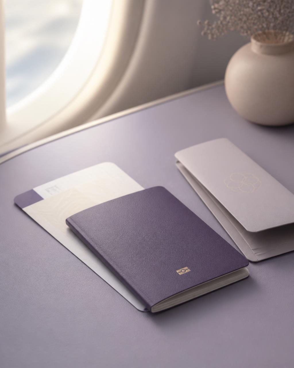 Passport and travel documents on a tray beside an aircraft window