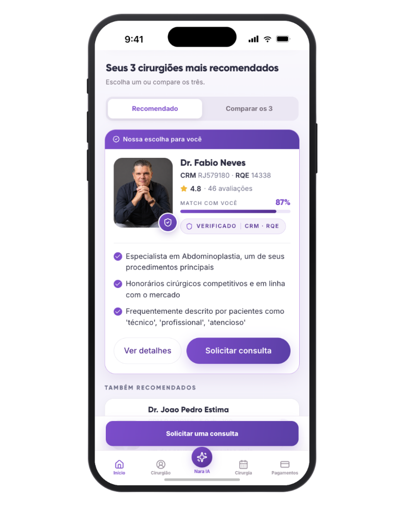 Nuviya mostrando três cirurgiões recomendados