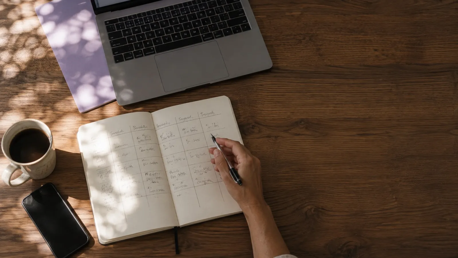 A world map and an open notebook on a table, with a phone and a cup of coffee beside them