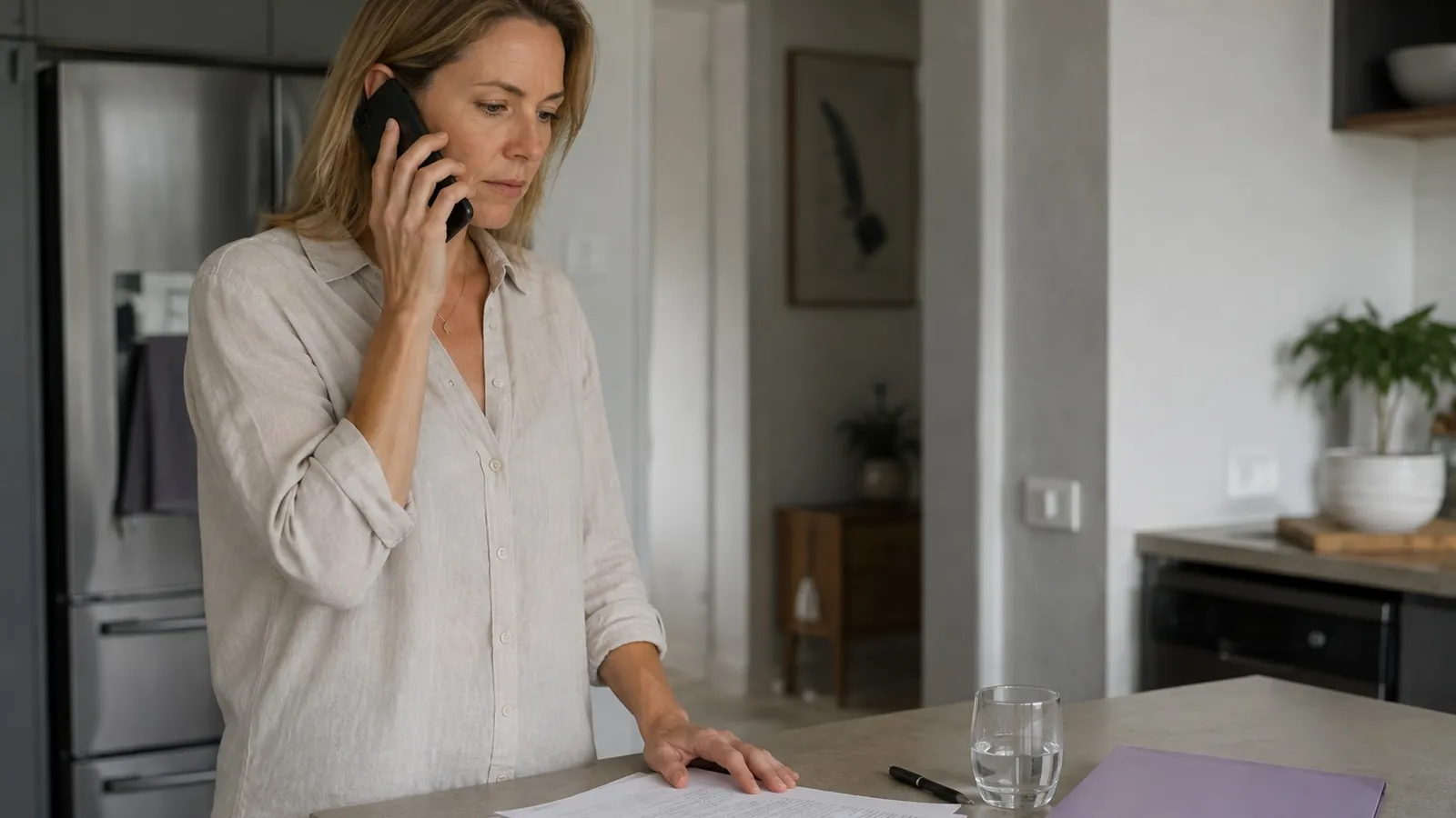 A phone and a folded document on a bedside table beside a glass of water in low evening light