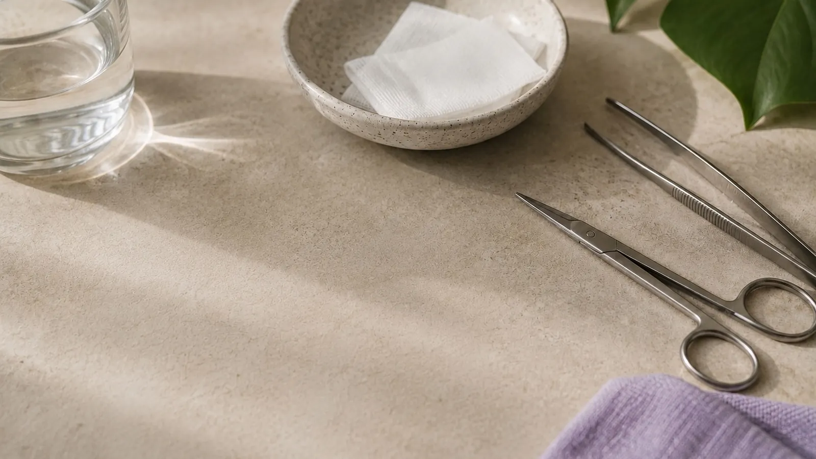 A close, softly lit image of clean gauze, adhesive strips and folded dressings arranged on a pale surface