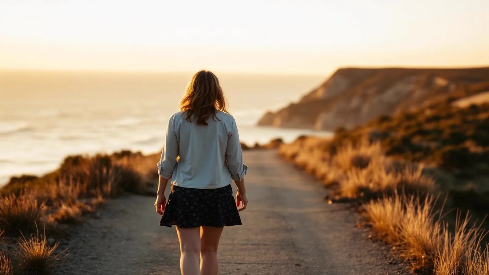 A woman walking alone on an Australian coastal path at sunrise, seen from behind at a distance