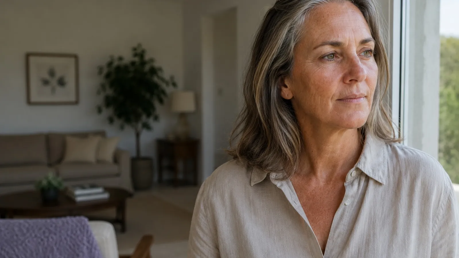 An Australian woman in her early fifties standing by a window in natural light, looking out