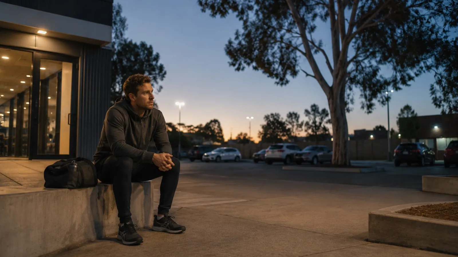 A man in his thirties sitting on a bench outside a gym at dusk wearing a hoodie, looking into the middle distance