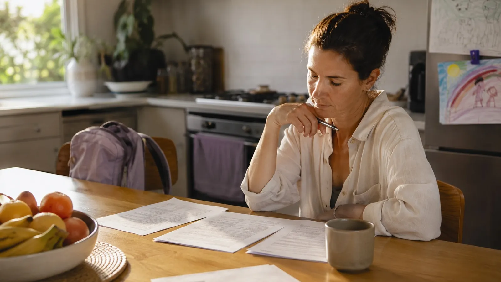 An Australian woman in her thirties sitting at a kitchen table reading printed documents with a pen in her hand