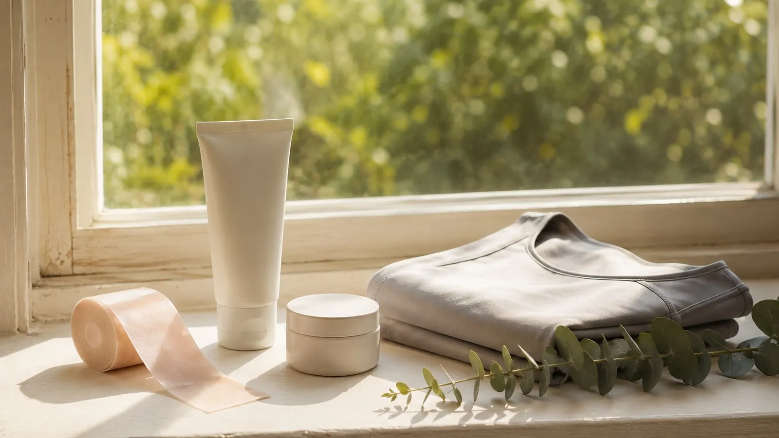 Scar care items arranged on a windowsill in afternoon light — silicone tape, sunscreen and a folded compression garment