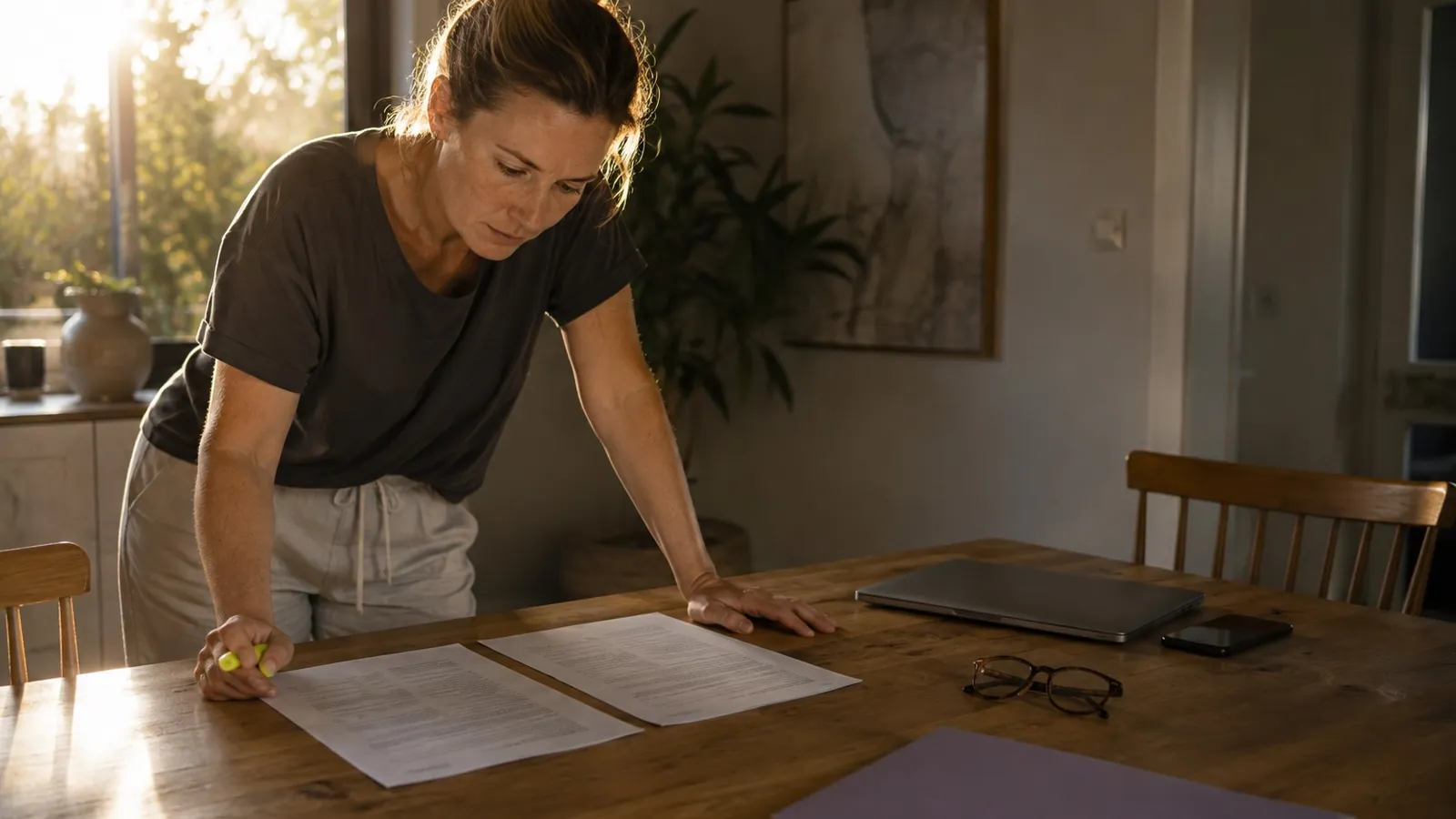 An Australian woman comparing two printed surgical quotes side by side on a dining table