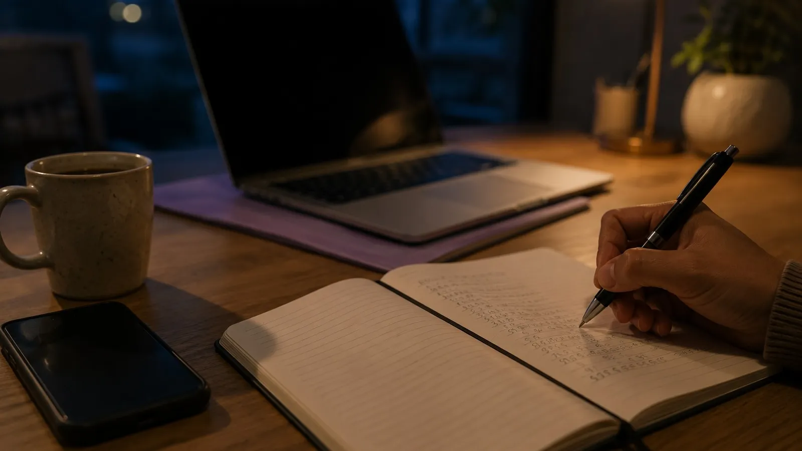 A dimly lit desk with a laptop, a hand writing in a notebook, a phone, a coffee mug and a warm desk lamp